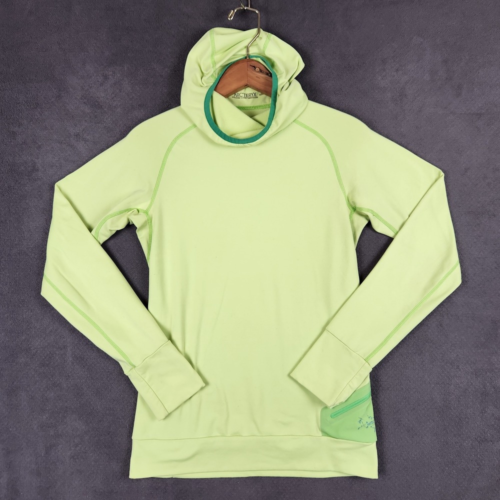 Arcteryx Vertices Hoody Womens XS Lime Green Scuba Hood Thumbhole Base Layer
